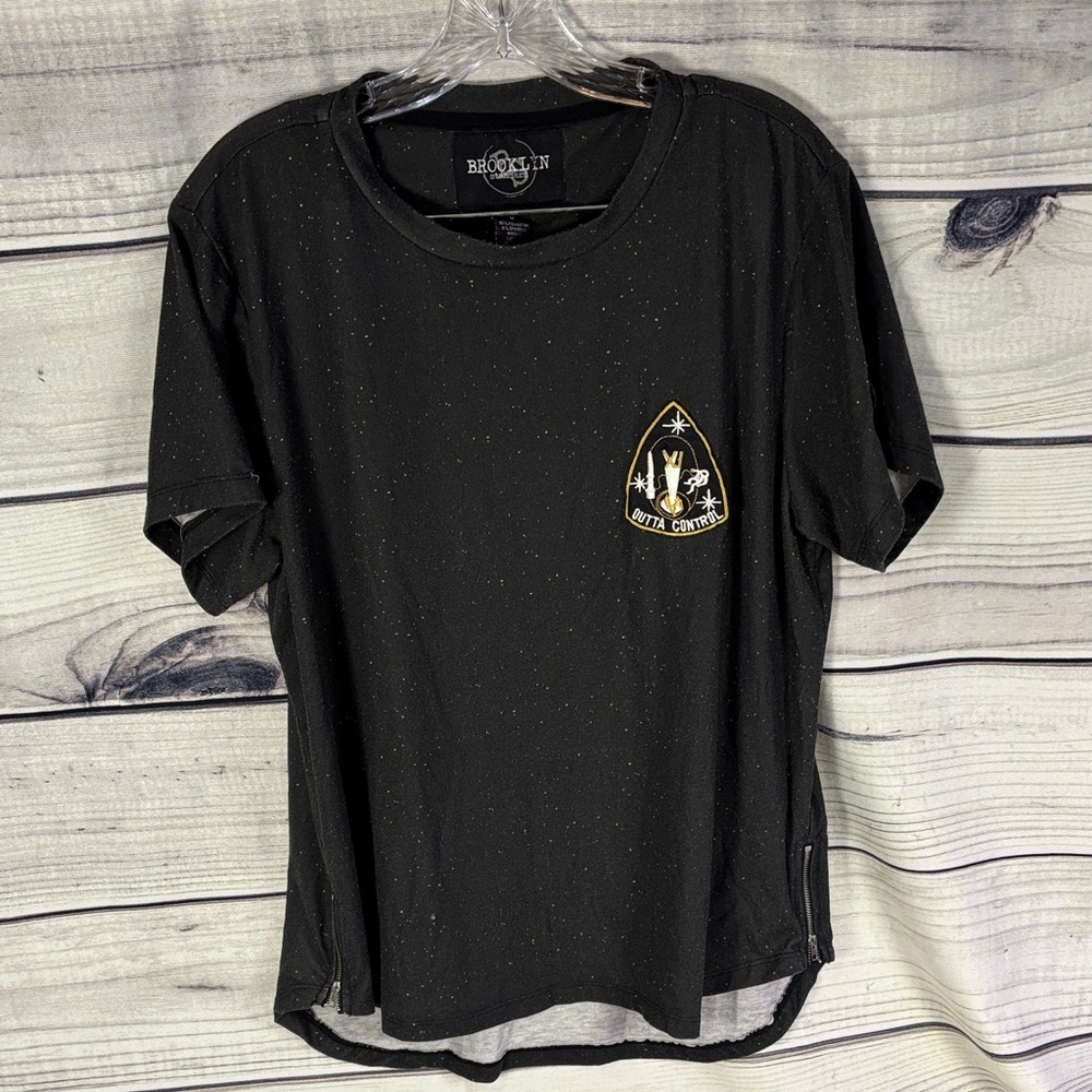 Brooklyn Standards Outta Control Black Speckled Graphic Tee patch zipper sides